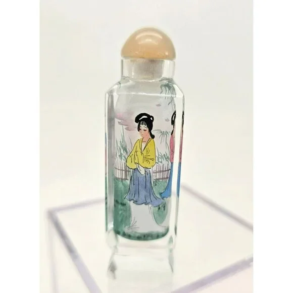Snuff Bottle Hand-Painted Chinese Square Glass Round Lid Vintage Women je143
